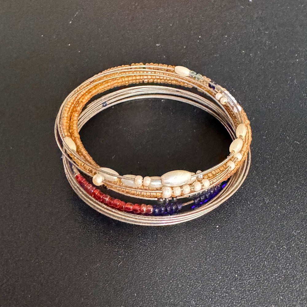 Multi Strand Seed Bead Memory Wire Wrap Bracelet Gold Blue Red Boho OS